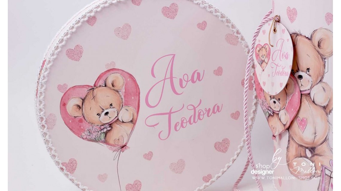 Trusou de botez cu ursuleti roz si inimioare Teddy Bear Pink Hearts 7